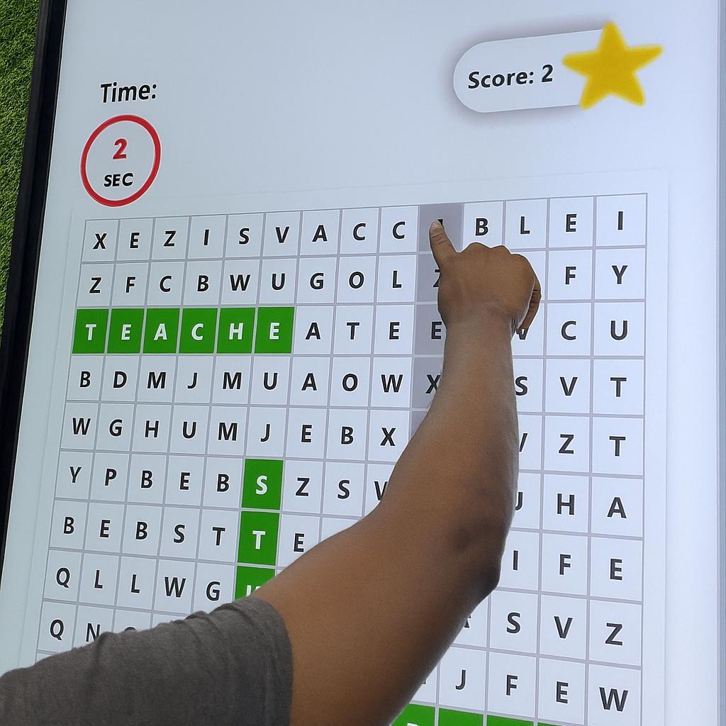 Guest playing interactive word search game at corporate event in Dubai, with branded screen, vibrant green backdrop